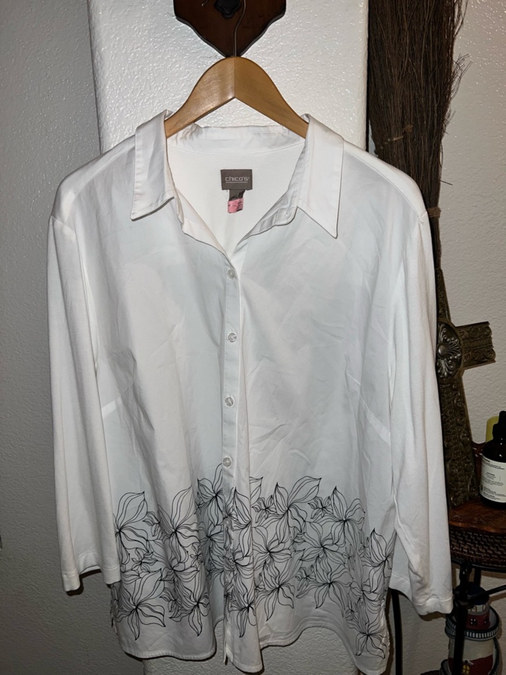 Chico's White Button-Down Shirt with Black Floral Border